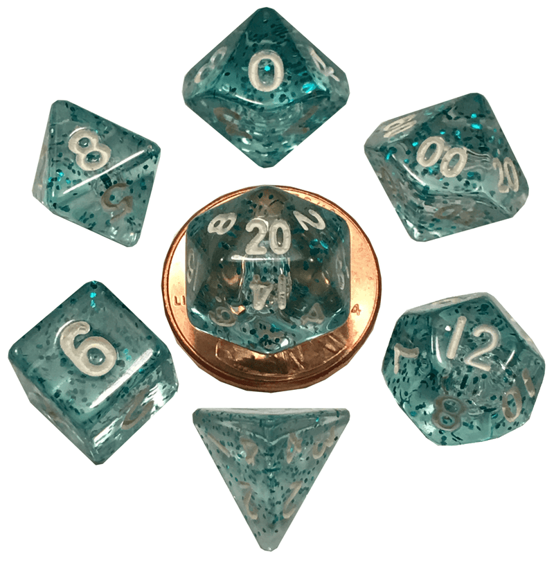10mm Mini Dice Acrylic Polyhedral Set: Light Blue With Gold Numbers