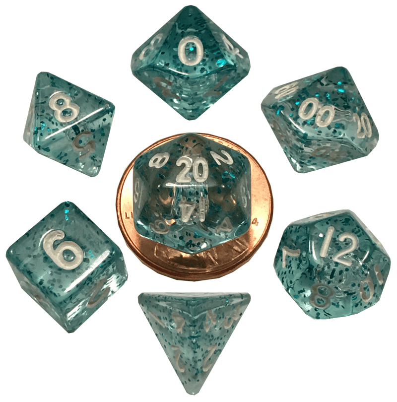 10mm Mini Dice Acrylic Polyhedral Set: Marble with Purple Numbers