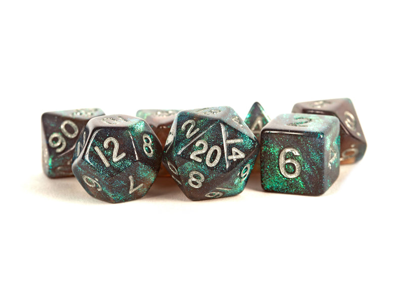 16mm Acrylic Polyhedral Dice Set: Stardust Gray with Silver Numbers