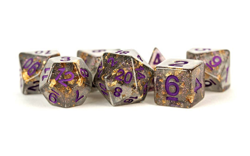 16mm Resin Polyhedral Colorful Set: Gray With Gold Foil Pruple Numbers