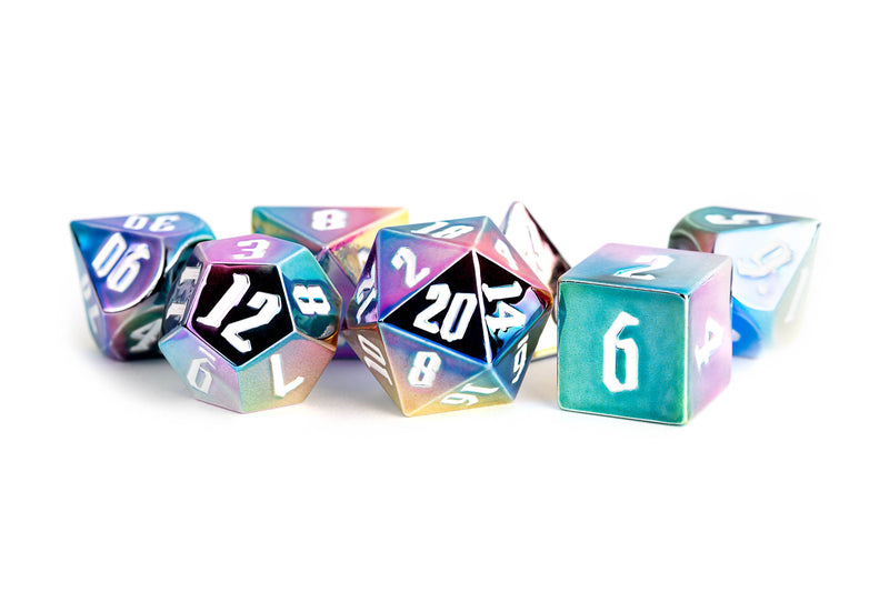 16mm Aluminum Plated Acrylic Poly Dice: Rainbow Aegis with White Numbers