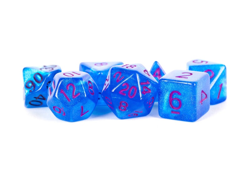 Acrylic Polyhedral Dice Set: Stardust Blue with Purple Numbers